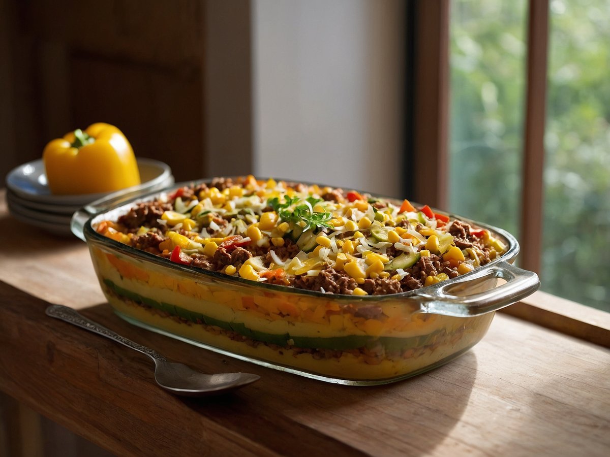 Ein Hackfleisch-Auflauf in einer klaren Auflaufform, geschichtet mit buntem Gemüse wie Karotten, Zucchini und Paprika. Die oberste Schicht ist mit einer Mischung aus Hackfleisch, Mais und Käse bedeckt und sieht appetitlich aus. Im Hintergrund sind einige Teller und eine gelbe Paprika auf einem Holzbrett zu sehen. Das Licht fällt sanft durch ein Fenster und sorgt für eine warm-harmonische Atmosphäre.