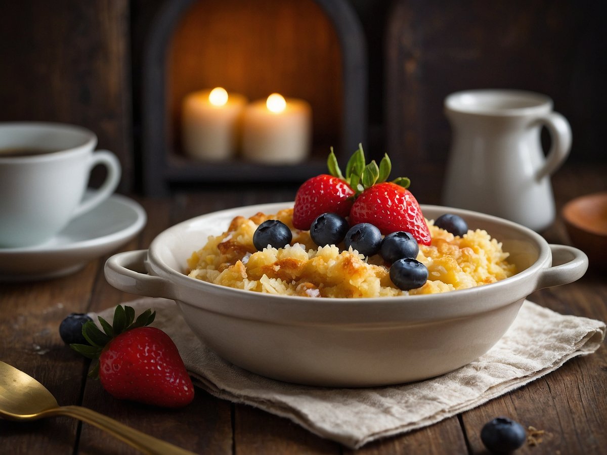 Ein ansprechend angerichteter Reisauflauf in einer weißen Schüssel, garniert mit frischen Erdbeeren und Heidelbeeren. Im Hintergrund sind sanft flackernde Kerzen in einem rustikalen Rahmen und eine kleine Kanne zu sehen. Neben der Schüssel liegt eine goldene Gabel auf einer neutralen Serviette, während eine Tasse Kaffee auf einer Untertasse auf der rechten Seite platziert ist. Der Tisch hat eine warme Holzoberfläche, die dem Bild eine gemütliche Atmosphäre verleiht.