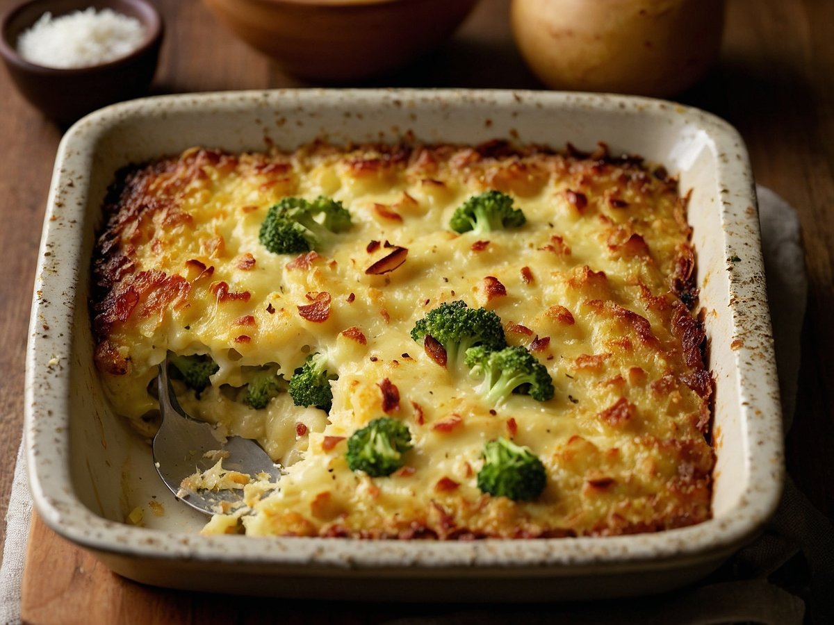 Ein frisch gebackenes Brokkoli-Kartoffel-Gratin in einer rechteckigen Auflaufform. Das Gratin hat eine goldbraune, knusprige Oberfläche, durchzogen von kleinen grünen Brokkoli-Röschen. Am Rand der Form sind leicht verbrannte Stellen zu sehen. In der Nähe liegt ein Löffel, mit dem bereits eine Portion entnommen wurde. Im Hintergrund sind ein kleiner Schüssel mit Salz und einige Kartoffeln sichtbar. Der Untergrund besteht aus Holz, was dem Bild eine rustikale Note verleiht.