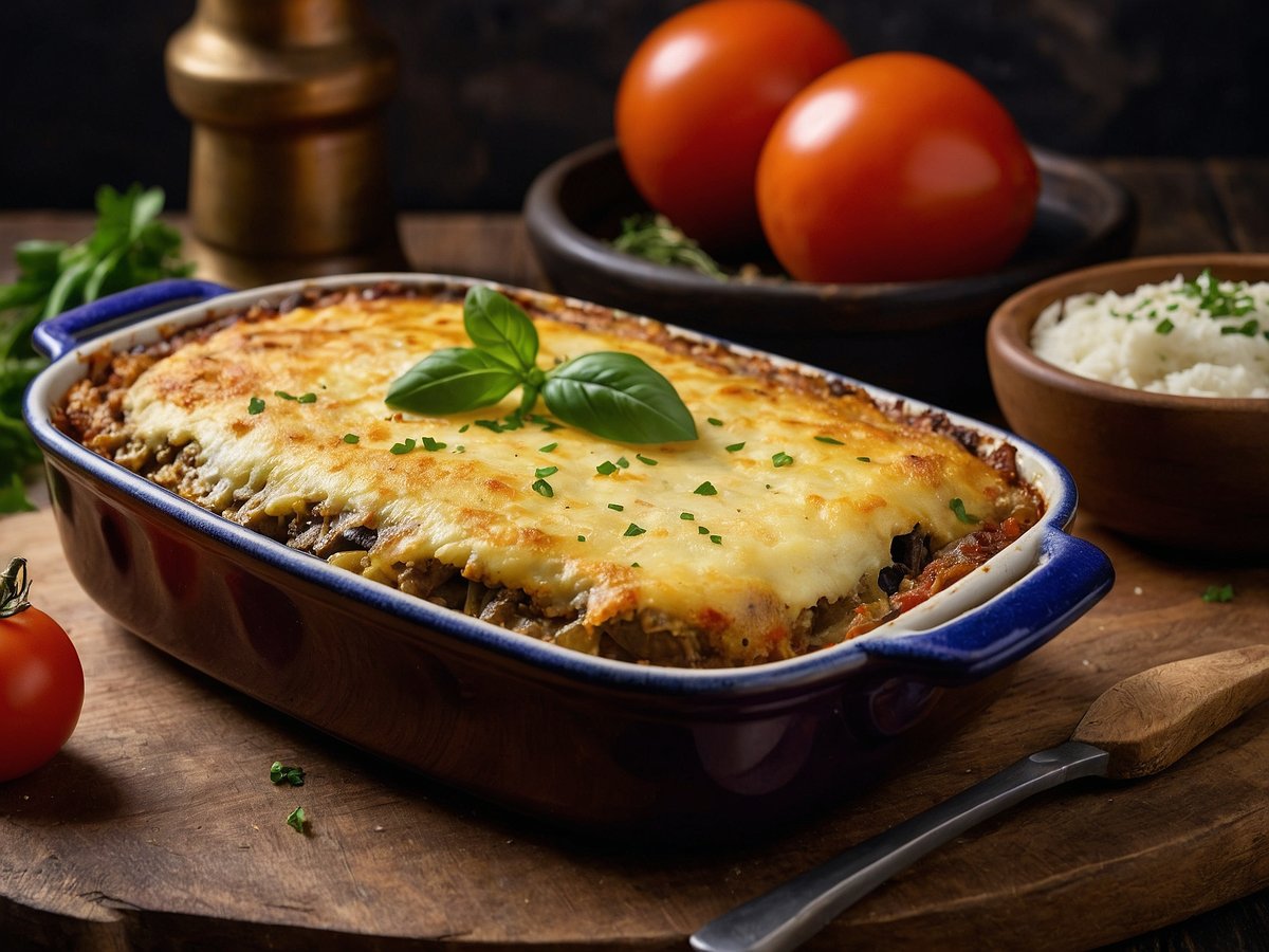 Ein rustikales Gericht Moussaka wird in einer blauen Auflaufform serviert, überbacken mit einer goldbraunen Käseschicht. Auf dem Gericht ist frisches Basilikum und gehackte Kräuter dekorativ platziert. Im Hintergrund sind zwei rote Tomaten und eine Schale mit Reis zu sehen, alles auf einem Holzbrett angerichtet. Der Tisch ist in warmen, einladenden Tönen gehalten.