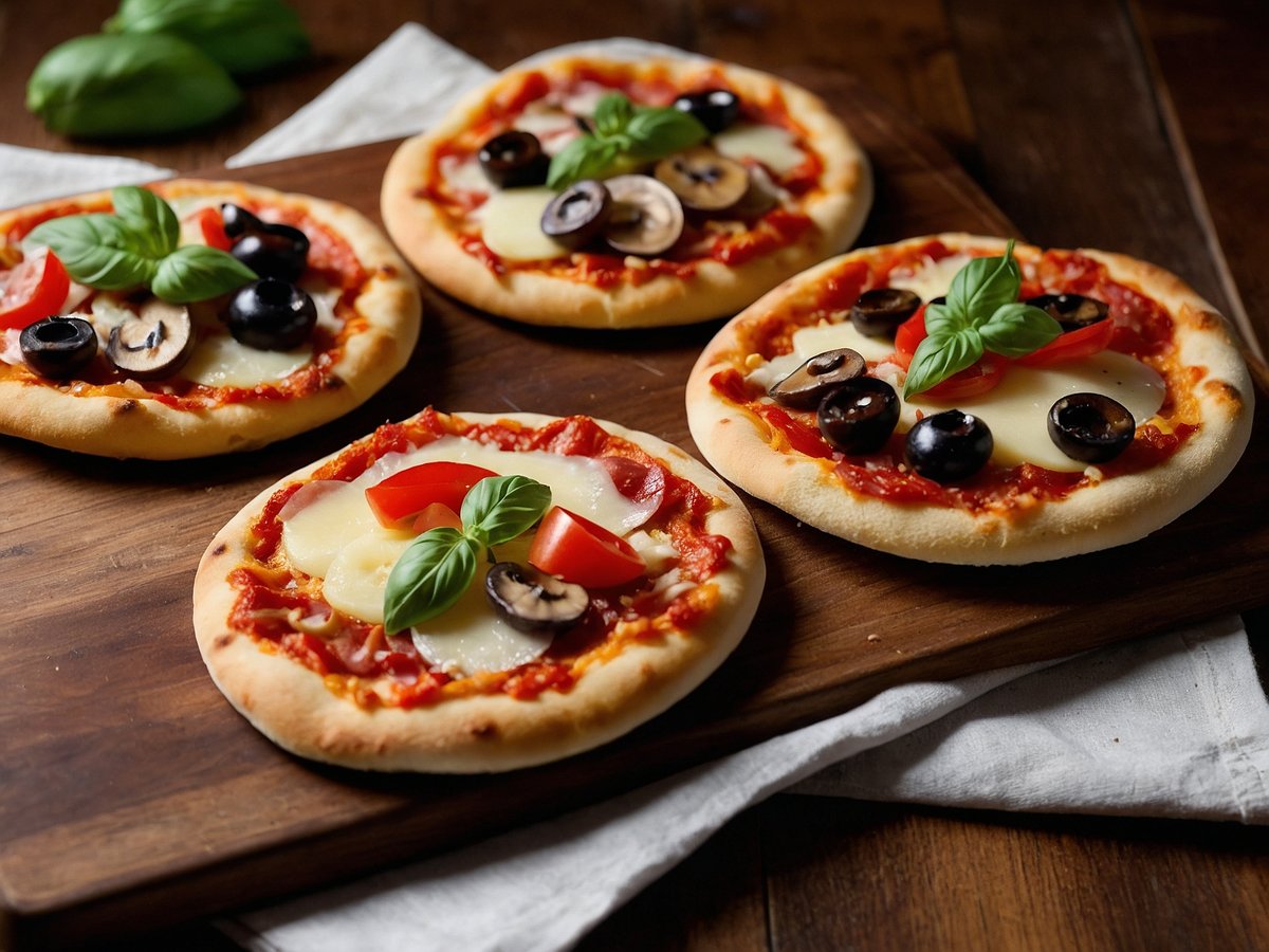 Vier Mini-Pizzen liegen auf einem dunklen Holzbrett. Die Pizzen sind mit Tomatensauce, Käse, frischen Basilikumblättern, schwarzen Oliven, roten Paprikastückchen und ein paar Scheiben Champignons belegt. Im Hintergrund sind leicht unscharf grüne Basilikumblätter und eine weiße Serviette sichtbar. Die Pizzen haben einen goldbraunen Rand und sind appetitlich angerichtet.