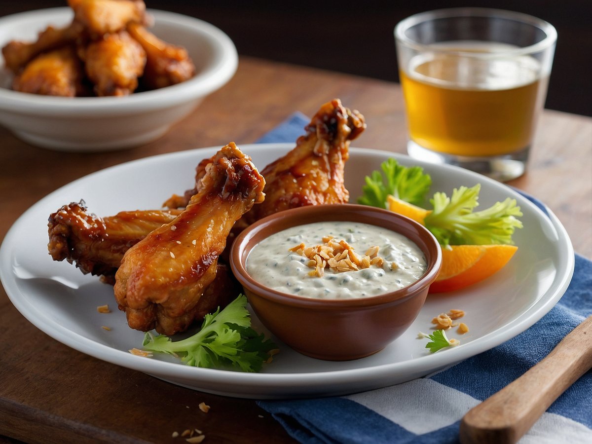 Auf dem Bild sind saftige Chicken Wings auf einem weißen Teller angerichtet. Die Wings sind glänzend und haben eine bräunliche Farbe. Neben den Chicken Wings befindet sich eine kleine Schale mit einer weißen Dipsauce, die mit gehackten Nüssen garniert ist. Auf dem Teller liegen zudem frischer Salat und Orangenscheiben. Im Hintergrund sieht man eine Schale mit weiteren Chicken Wings sowie ein Glas mit einem hellen Getränk. Der Untergrund besteht aus einem Holzbrett, auf dem ein blauer Stoff mit weißen Streifen liegt.