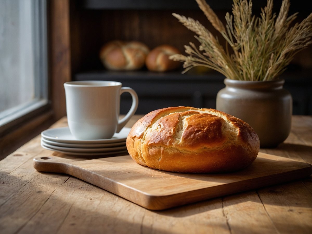 Auf dem Bild ist ein frisch gebackenes Brot aus Hefeteig zu sehen, das auf einem Holzbrett liegt. Daneben steht eine weiße Tasse mit einem Unterteller sowie mehrere weitere Teller. Im Hintergrund sind weitere Brote und eine Vase mit getrocknetem Gras sichtbar. Das Licht strömt sanft durch ein Fenster und sorgt für eine warme, einladende Atmosphäre.