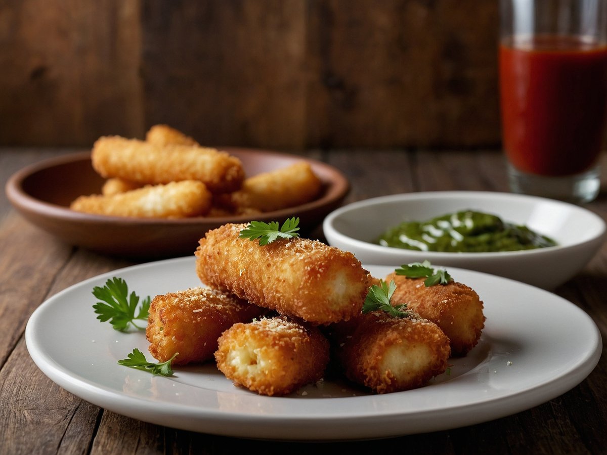 Auf dem Bild sind mehrere goldbraun gebratene Mozzarella-Sticks auf einem weißen Teller zu sehen, garniert mit frischen Kräutern. Im Hintergrund steht eine Schale mit weiteren Mozzarella-Sticks und eine andere Schale mit einer grünen Sauce. Ein Glas mit einer dunklen Flüssigkeit steht ebenfalls im Hintergrund. Der Tisch ist aus Holz und schafft eine rustikale Atmosphäre.