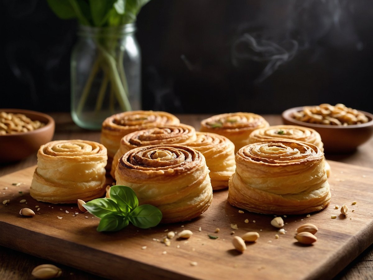 Auf dem Bild sind mehrere Blätterteigschnecken zu sehen, die auf einem Holzbrett angerichtet sind. Die Schnecken haben eine goldbraune, knusprige Oberfläche und sind spiralförmig gewickelt. Neben den Blätterteigschnecken liegen einige Pistazien und Sesamkerne verstreut. Im Hintergrund befindet sich ein Glas mit frischen Kräutern, das einen eleganten Kontrast zu den Gebäckstücken bildet. In einer Schüssel daneben sind weitere Nüsse zu sehen, die das Bild abrunden. Die Szenerie vermittelt eine gemütliche und einladende Atmosphäre.