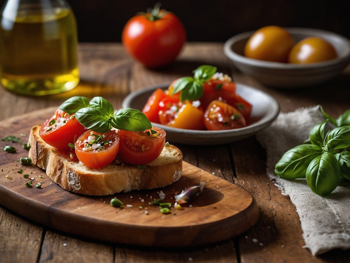 Eine Scheibe geröstetes Brot liegt auf einem Holzbrett und ist mithälften von reifen Tomaten belegt. Frische Basilikumblätter und feine Kräuter sind darauf verteilt. Im Hintergrund sind weitere Tomaten und ein Olivenölbehälter sichtbar. Ein kleiner Teller mit geschnittenen Tomaten steht neben dem Brot. Die gesamte Szenerie strahlt Frische und Genuss aus.