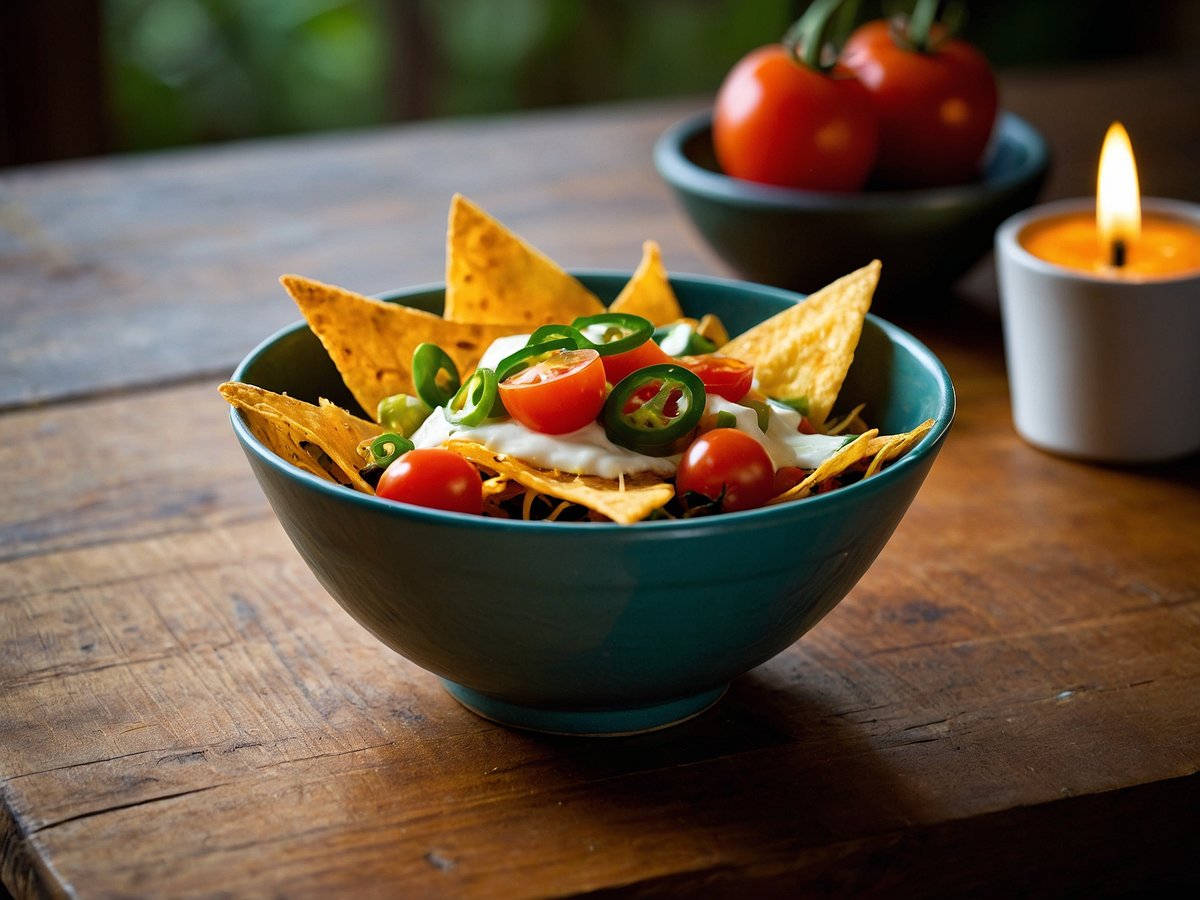 Eine schüssel mit Nachos, die mit geschmolzenem Käse, frischen Tomaten, Jalapeños und Sauerrahm garniert sind, steht auf einem Holztisch. Im Hintergrund sind zwei rote Tomaten in einer anderen Schüssel und eine brennende Kerze zu sehen.