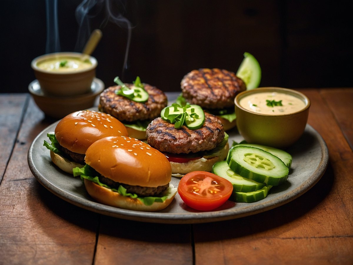 Mini-Burger auf einem grauen Teller, zwei Burgerbrötchen mit Salat und einem Patty, dazu frische Tomatenscheiben und Gurken. Im Hintergrund zwei weitere Burger mit Jalapeño-Scheiben, daneben eine kleine Schale mit cremigem Dip und eine Schale mit einer Suppe. Das Holzbrett unter dem Teller trägt zur gemütlichen Atmosphäre bei. Dämpfe steigen aus der Suppe auf.