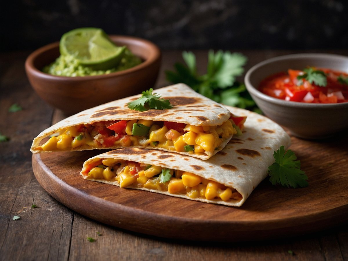 Zwei auf einem Holzbrett gelegene Quesadillas mit geschmolzenem Käse, Mais, Tomaten und frischem Koriander sind angeschnitten, sodass die Füllung sichtbar ist. Im Hintergrund befinden sich eine kleine Schale mit Guacamole und eine Schale mit gehackten Tomaten. Das Arrangement ist auf einem rustikalen Holztisch platziert, umgeben von frischen Korianderblättern.