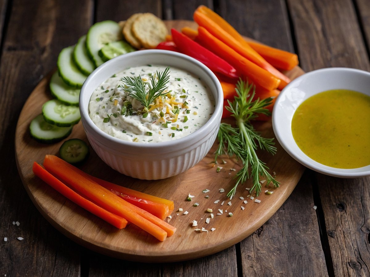 Auf dem Bild sind Gemüsesticks aus Karotten und Paprika sowie Gurkenscheiben angeordnet. In der Mitte befindet sich eine Schüssel mit einem cremigen Dip, der mit frischen Kräutern und Käse garniert ist. Neben der Schüssel liegt ein kleines Schälchen mit einer weiteren Dip-Sauce, die gelb und flüssig aussieht. Die Anrichtungsplatte ist aus Holz und der Hintergrund hat eine rustikale Holzoberfläche.