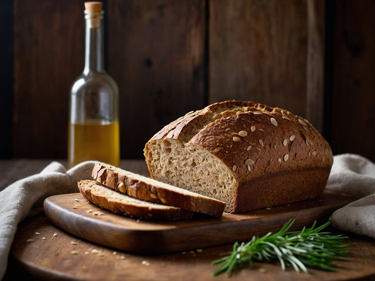 Ein frisch gebackenes Vollkornbrot liegt auf einem Holzbrett, von dem einige Scheiben bereits abgeschnitten sind. Im Hintergrund ist eine Flasche mit Öl und ein Stück Stoff zu sehen. Am Rand des Bretts befindet sich ein Zweig Rosmarin. Der Holzuntergrund und die dunkle Umgebung verleihen dem Bild eine warme und rustikale Atmosphäre.