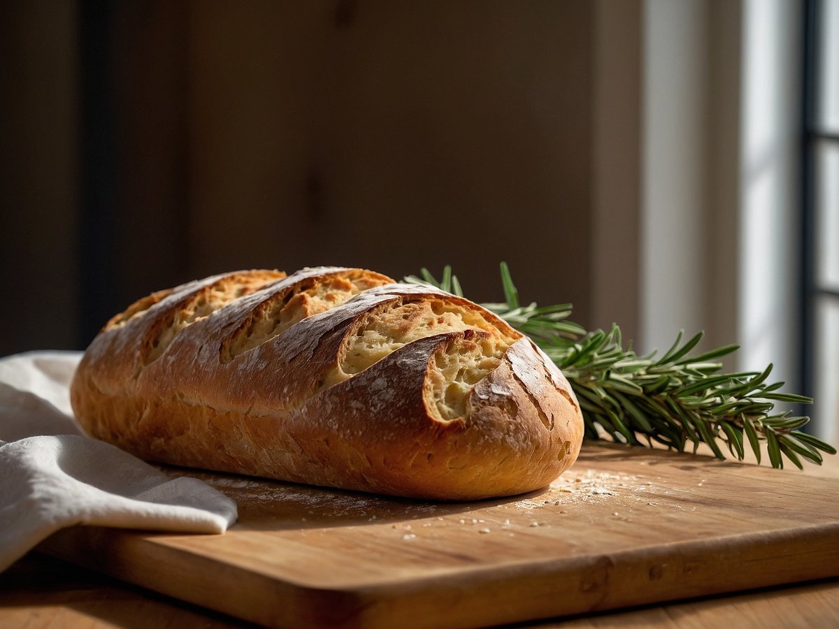 Ein frisch gebackenes Ciabatta-Brot liegt auf einem Holzbrett. Das Brot hat eine goldbraune Kruste mit charakteristischen Einschnitten. Daneben liegt ein frischer Rosmarinstängel, der dem Bild eine rustikale Note verleiht. Im Hintergrund sind sanfte Lichtverhältnisse zu sehen, die eine warme Atmosphäre schaffen. Ein Stück Baumwolltuch ist am Rand des Bretts platziert.