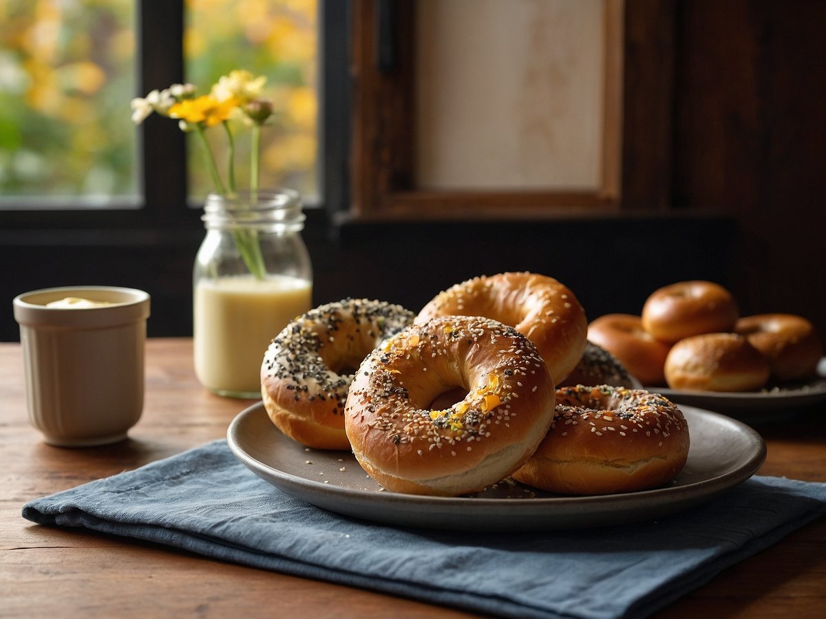 Ein rustikaler Tisch mit einer grauen Platte, auf der mehrere frisch gebackene Bagels in verschiedenen Sorten angeordnet sind. Die Bagels sind mit Sesam- und Mohnsamen bestreut. Im Hintergrund steht ein Glas mit frischer Milch und einem kleinen Blumentopf mit gelben Blumen. Daneben befindet sich eine schlichte Tasse, die eine cremige Füllung enthält. Sieht einladend und appetitlich aus.