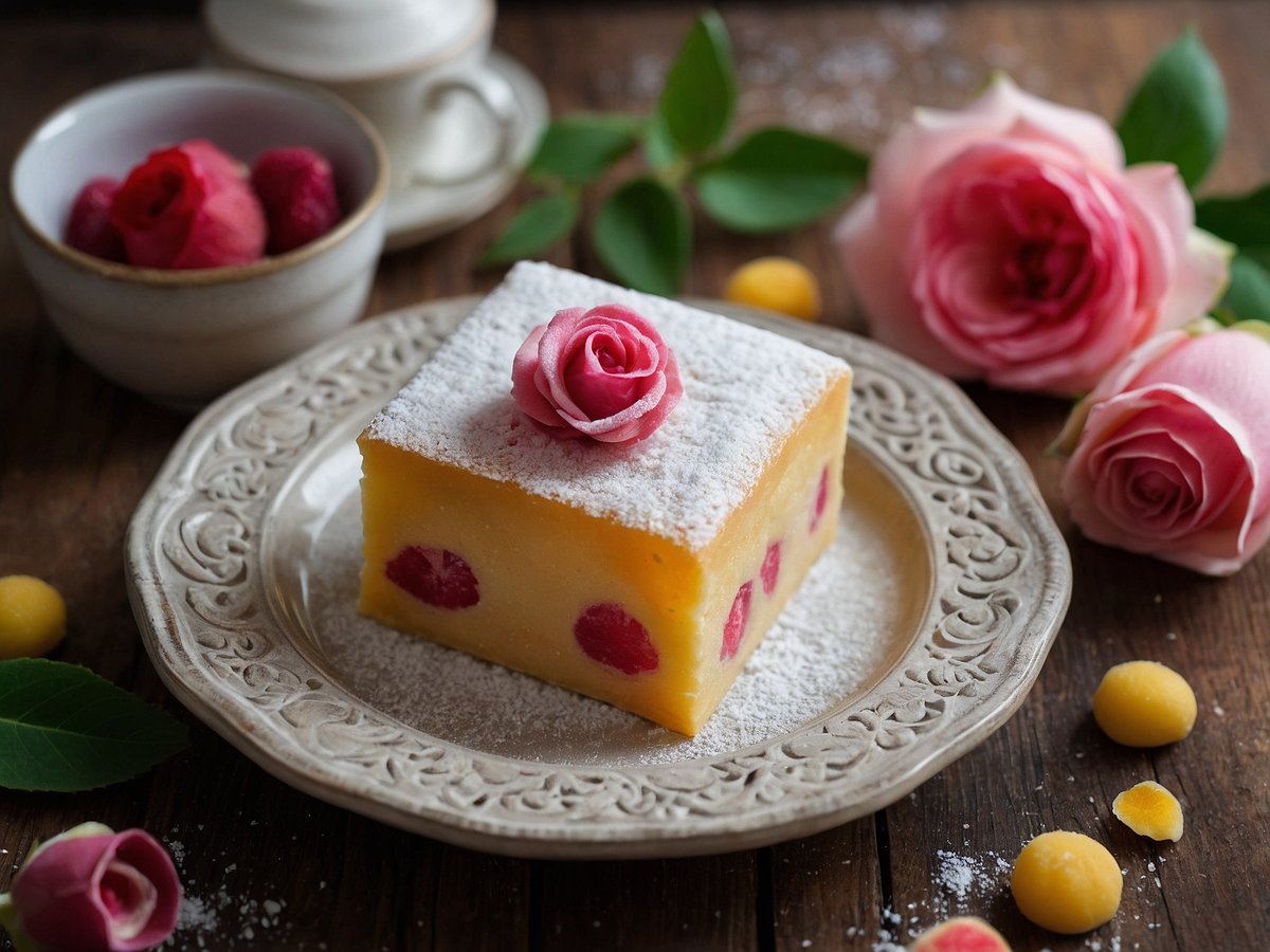 Auf dem Bild ist ein Stück Marzipan-Kuchen zu sehen, das mit Puderzucker bestreut ist. Der Kuchen ist gelb mit roten Himbeeren, die in den Teig eingearbeitet sind. Oben auf dem Kuchen befindet sich eine kleine gefaltete Zuckerrose. Um den Kuchen herum liegen rosa Rosenblüten und einige Himbeeren in einer kleinen Schale, ergänzt von grünen Blättern und einigen Marzipankugeln auf dem Tisch. Der Untergrund besteht aus Holz, was dem Arrangement eine rustikale Note verleiht.