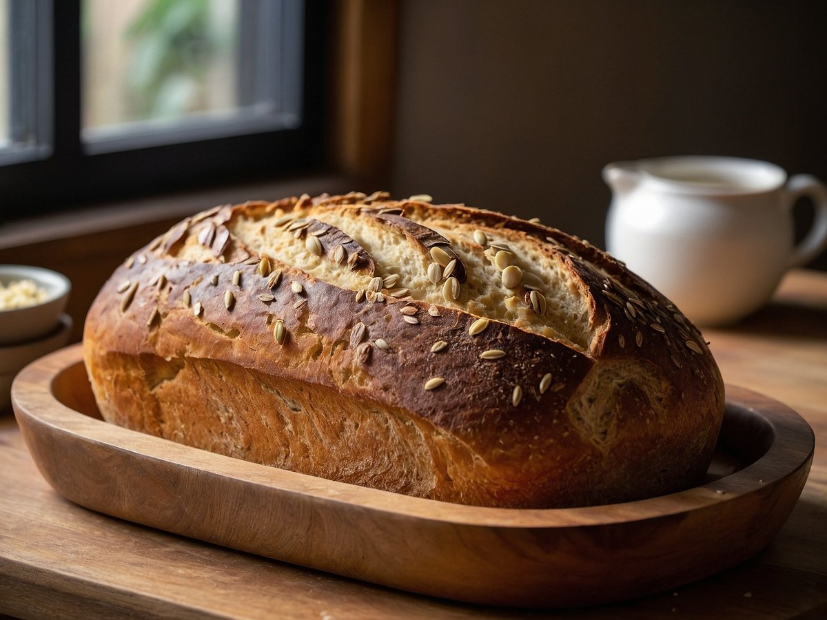 Ein frisch gebackenes Sauerteigbrot liegt auf einem Holzbrett. Das Brot hat eine goldbraune Kruste, die mit verschiedenen Saaten, darunter Kürbiskernen und Sonnenblumenkernen, bestreut ist. Neben dem Brot befindet sich eine kleine Schale mit Butter und im Hintergrund ist eine weiße Kanne zu sehen. Licht strömt durch ein Fenster und schafft eine gemütliche Atmosphäre.