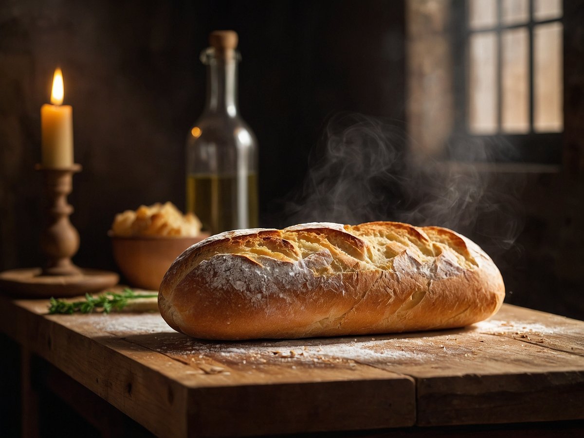 Ein frisch gebackenes Baguette liegt auf einem rustikalen Holztisch. Der Dampf steigt noch aus dem Baguette auf, während im Hintergrund eine flackernde Kerze und eine Flasche Öl sichtbar sind. Eine Schüssel mit Brotstücken und etwas frisches Kraut ergänzen das Bild, das in einem gedämpften Licht aufgenommen wurde. Die Atmosphäre wirkt warm und einladend.