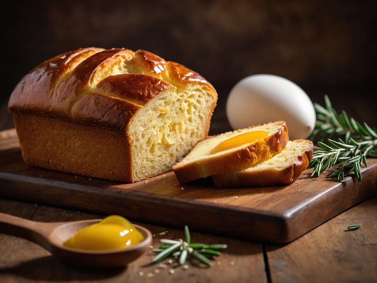 Auf dem Bild ist ein frisch gebackenes Stück Brioche zu sehen, das in gleichmäßige Scheiben geschnitten ist. Die hellgoldene Kruste glänzt und ist leicht glänzend. Eine der Scheiben zeigt ein cremiges Eigelb, das darauf liegt. Neben dem Brioche liegt ein ganzes Ei und einige frische Rosmarinnadeln auf einem rustikalen Holzbrett. Das Licht betont die Textur des Brotes und der Zutaten, was eine einladende Atmosphäre schafft.