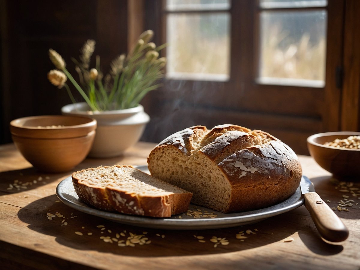 Ein frisch gebackenes Dinkelbrot liegt auf einem silbernen Teller, von dem ein Stück abgeschnitten wurde. Der Teller steht auf einem rustikalen Holztisch, umgeben von zwei Schüsseln, eine aus Holz und eine aus Keramik, die mit verschiedenen Zutaten gefüllt sind. Im Hintergrund sind Fenster mit viel Tageslicht sichtbar, und einige grüne Pflanzen in einer Schüssel sorgen für eine natürliche Atmosphäre. Ein paar Kürbiskerne liegen verstreut auf dem Tisch.