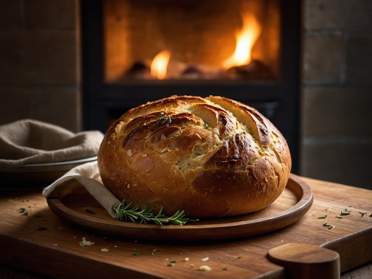 Ein frisches Zwiebelbrot liegt auf einem runden Holzbrett. Das Brot hat eine goldene, knusprige Kruste mit dekorativen Einschnitten auf der Oberseite. Neben dem Brot liegt ein gefaltetes, helles Geschirrtuch, und auf dem Brett sind einige frische Kräuter zu sehen. Im Hintergrund flackert das Licht eines Kamins, das eine warme, einladende Atmosphäre schafft.