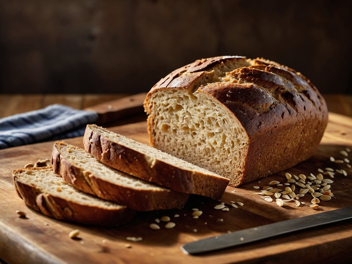 Auf dem Bild ist ein frisch gebackenes Roggenmischbrot zu sehen, das teilweise in Scheiben geschnitten ist. Die goldbraune Kruste ist rustikal und hat einige Risse. Neben dem Brot liegen einige Kerne und ein Messer auf einem hölzernen Schneidebrett. Im Hintergrund ist ein gestreifter Küchenhandtuch zu erkennen, das auf einer Holzoberfläche liegt.