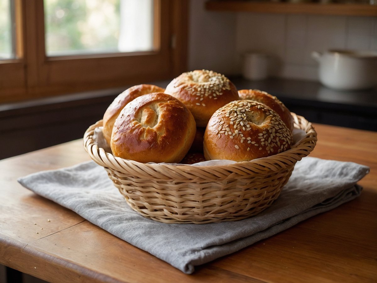 Ein runder Korb aus geflochtenem Material mit mehreren frisch gebackenen Körnerbrötchen darauf. Die Brötchen haben eine goldbraune, glänzende Oberfläche und einige sind mit Sesam bestreut. Der Korb steht auf einem gedeckten Holztisch und im Hintergrund sind unscharfe Fenster zu sehen, die Tageslicht hereinlassen.