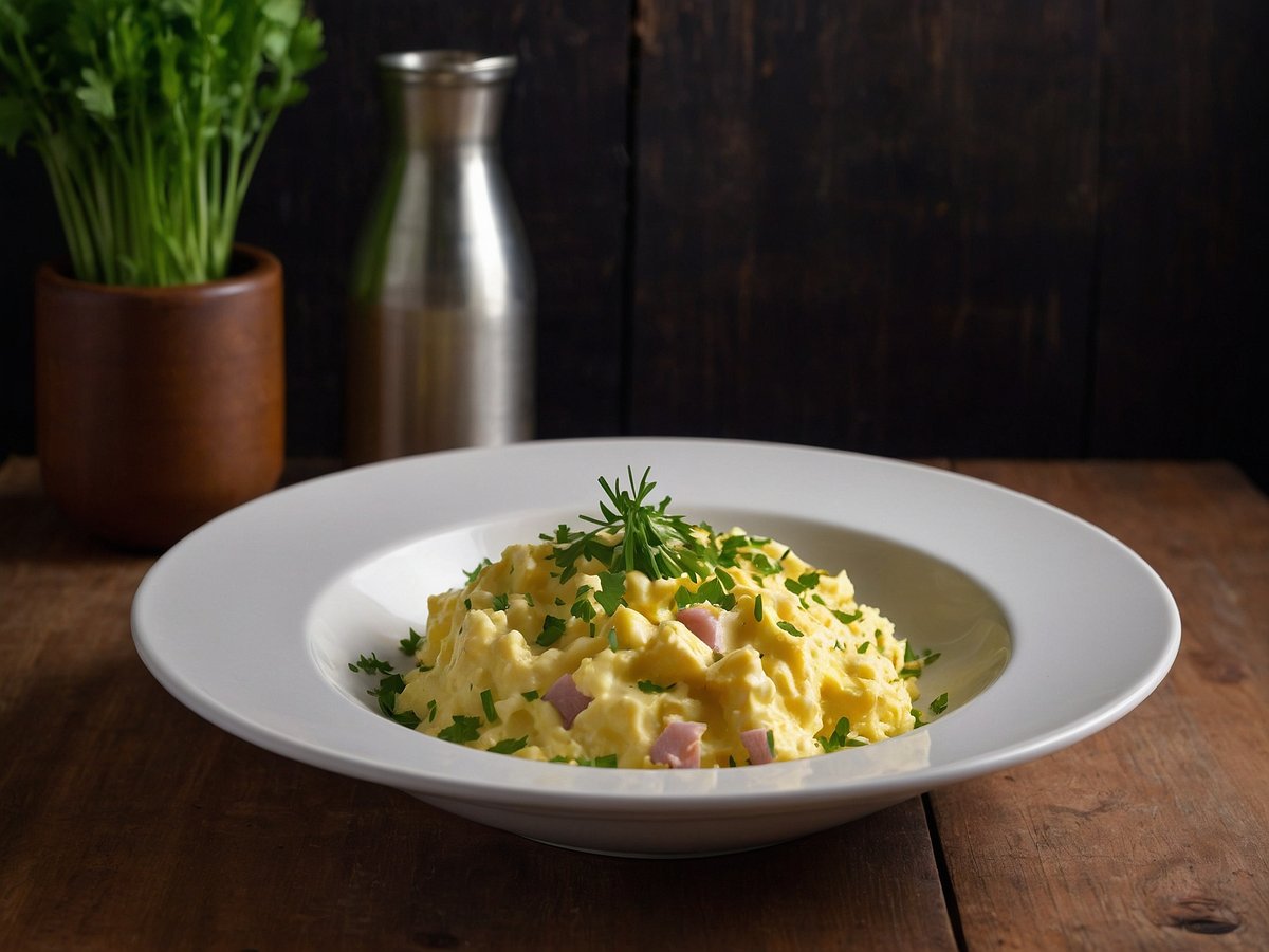 Eine appetitliche Portion Rührei mit Kräutern auf einem weißen Teller, garniert mit frischem Schnittlauch. Im Hintergrund steht ein Pflanztopf mit frischem Koriander und eine metallische Kanne. Der Tisch ist aus Holz und bietet einen rustikalen Kontrast zu dem gerichte.