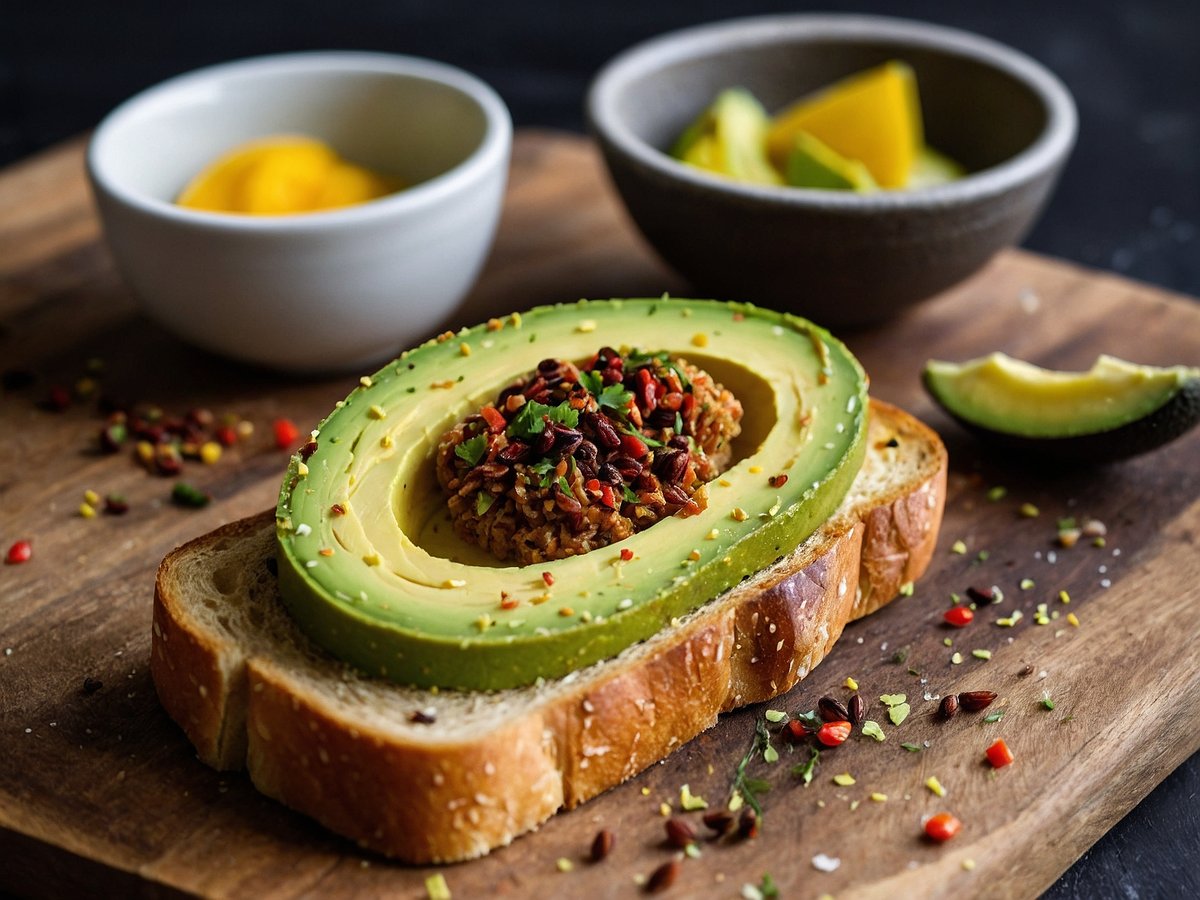 Auf dem Bild ist ein appetitlich angerichteter Avocado-Toast zu sehen. Die Scheibe Brot ist mit einer halben Avocado belegt, die in zwei Hälften geschnitten ist, und die grünen Fruchtfleischscheiben sind mit Gewürzen, einschließlich roten und gelben Chilis, garniert. Neben dem Avocado-Toast befinden sich zwei kleine Schalen, eine mit einem gelben Inhalt und eine weitere mit grünen Stücken. Um den Toast herum liegen einige Gewürze auf dem Holztablett.