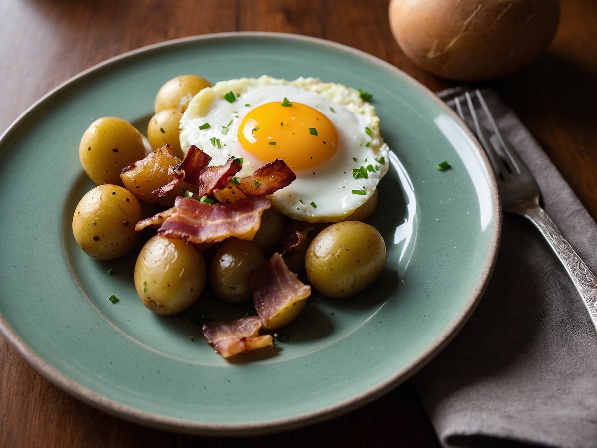 Ein Teller mit Bauernfrühstück ist abgebildet. Darauf befinden sich gebratene Kartoffeln, ein Spiegelei mit einem gut sichtbaren Eigelb und knusprig gebratener Speck. Der Teller hat eine grüne Farbe und ist auf einem Holztisch platziert. Neben dem Teller liegt eine Gabel und ein graues Serviette. Im Hintergrund ist eine weitere, unidentifizierte Kartoffel sichtbar.