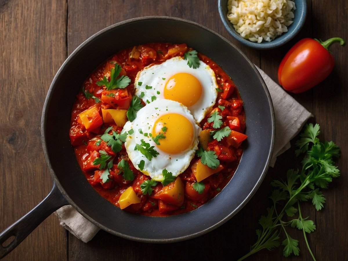 Shakshuka in einer Pfanne, serviert mit zwei Spiegeleiern auf einer würzigen Tomatensauce, die mit bunten Paprika und frischem Koriander garniert ist. Neben der Pfanne befindet sich eine kleine Schüssel mit geriebenem Käse sowie eine rote Paprika und frische Korianderblätter. Der Hintergrund besteht aus einer braunen Holzoberfläche, die eine warme Atmosphäre schafft.