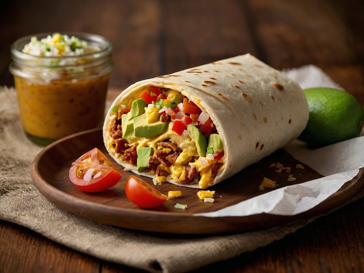 Ein Frühstücks-Burrito liegt auf einem Holzbrett und ist auf einer Seite aufgerollt, sodass die bunten Zutaten wie Rührei, Avocado, Tomaten und Käse sichtbar sind. Neben dem Burrito liegt eine Limette und einige halbierte Cherry-Tomaten. Im Hintergrund steht ein Glas mit einer dicken, gelben Salsa, die mit Kräutern garniert ist. Der Untergrund ist aus einem groben, natürlichen Material.