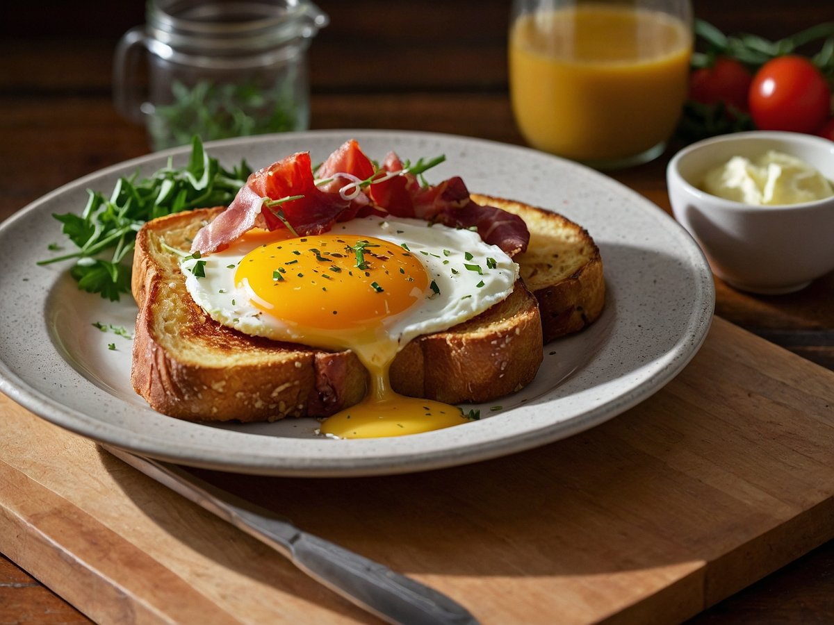 Ein Teller mit herzhaftem French Toast, belegt mit einem Spiegelei. Das Eigelb ist noch flüssig und tropft auf den Toast. Darauf liegen dünne Scheiben Schinken oder Speck. Der Teller ist garniert mit frischen Kräutern und ein wenig Rucola. Im Hintergrund steht ein Glas frisch gepresster Orangensaft und ein kleiner Schüssel mit Butter. Rote Tomaten sind ebenfalls sichtbar. Das Bild vermittelt eine appetitliche Atmosphäre.