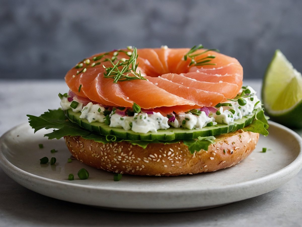 Ein frischer Bagel mit Lachs ist auf einem grauen Teller angerichtet. Der Bagel hat eine sesambestreute Kruste und ist aufgeschnitten. Darauf liegt eine Schicht aus frischem, cremigem Käse und ist mit Salatblättern und Gurkenscheiben dekoriert. Auf der obersten Schicht befinden sich dünne Scheiben von geräuchertem Lachs, die in einer kreisförmigen Anordnung angeordnet sind. Zusätzlich sind frische Kräuter und kleine Stücke von Frühlingszwiebeln auf dem Lachs verteilt. Im Hintergrund liegt eine Limettenscheibe.