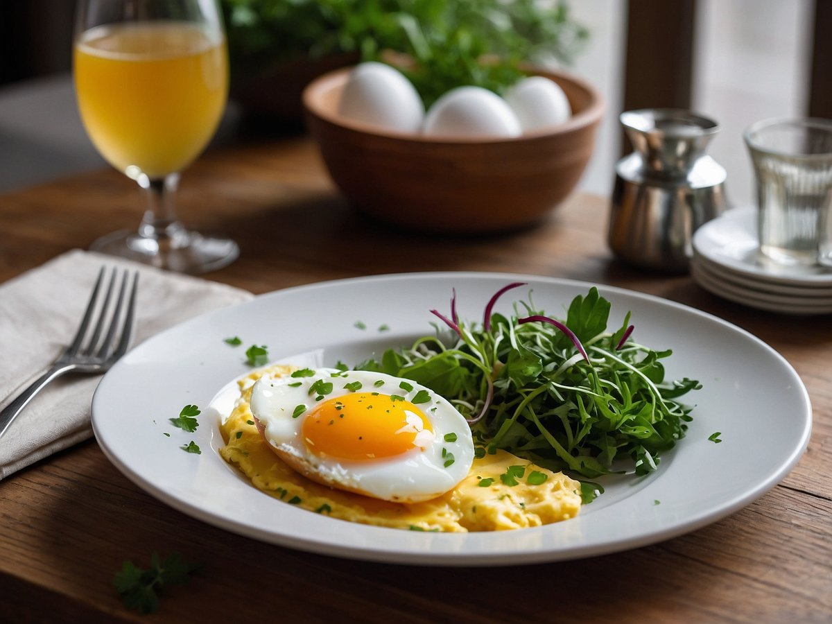 Eierspeisen-Trio auf einem weißen Teller, bestehend aus einem perfekt gebratenen Spiegelei mit sonnengelber Eigelb, einer Portion Rührei, garniert mit frischen Kräutern, neben einem bunten Salat aus Rucola und roten Zwiebelscheiben. Im Hintergrund sind ein Glas Saft und eine Schale mit weißen Eiern zu sehen. Der Tisch ist aus Holz und vermittelt eine gemütliche Atmosphäre.