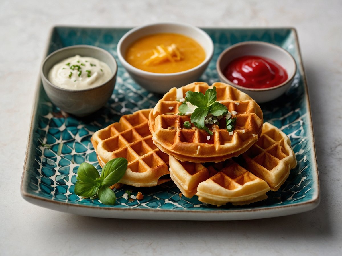 Auf dem Bild sind herzhafte Waffeln auf einem dekorativen Teller zu sehen. Die Waffeln liegen übereinander und sind goldbraun gebacken. Neben den Waffeln befinden sich drei kleine Schalen mit verschiedenen Saucen. Eine Schale enthält eine cremige Sauce mit grünen Kräutern, eine andere bietet eine orangefarbene Sauce, und die dritte ist mit roter Ketchup gefüllt. Frische Kräuter und ein Blatt Basilikum zieren die Waffeln und die Präsentation wirkt appetitlich und einladend.