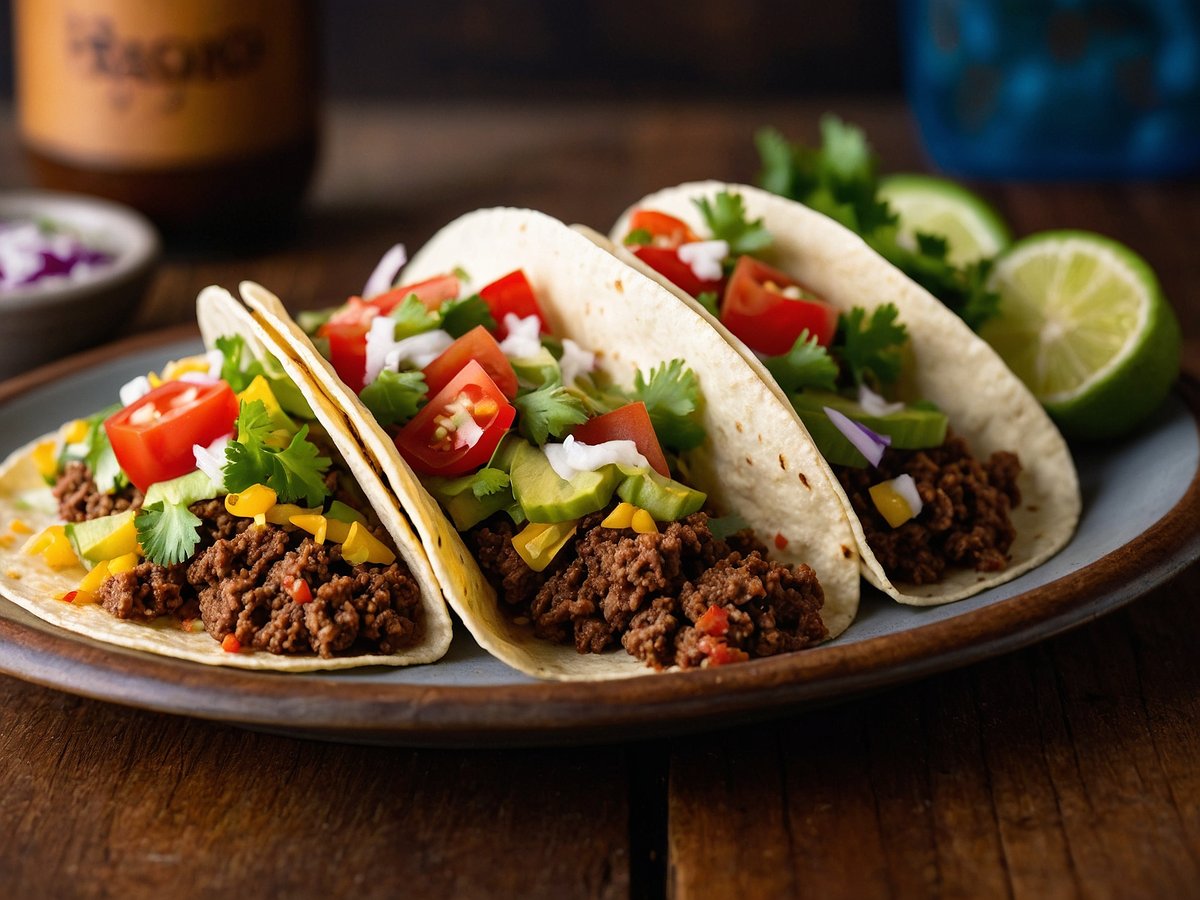 Drei Tacos auf einem Teller, gefüllt mit gewürztem Hackfleisch, frischen Tomaten, Koriander, Zwiebeln und Paprika. Die Tacos sind in Tortillas eingewickelt und farbenfroh dekoriert mit gelben und grünen gemischten Zutaten. Ein Stück Limette und ein kleiner Schälchen mit lila Zwiebeln sind ebenfalls sichtbar. Der Hintergrund ist unscharf mit dunklem Holz und einem Glas im Hintergrund.