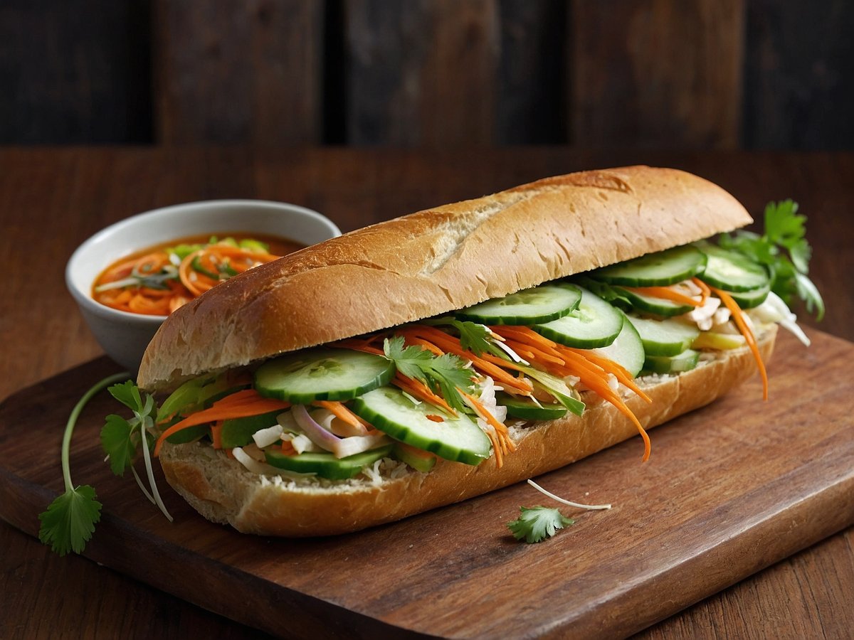 Ein frisch zubereitetes Banh Mi Sandwich auf einem Holzbrett. Das Sandwich besteht aus einem knusprigen Baguette, gefüllt mit Gurkenscheiben, Karottensalat, Kräutern und anderen frischen Zutaten. Neben dem Sandwich befindet sich eine kleine Schüssel mit einer würzigen Dip-Sauce, die orangefarbenes Gemüse enthält. Der Holzuntergrund und die natürlichen Farben der Zutaten verleihen dem Bild eine ansprechende, rustikale Atmosphäre.