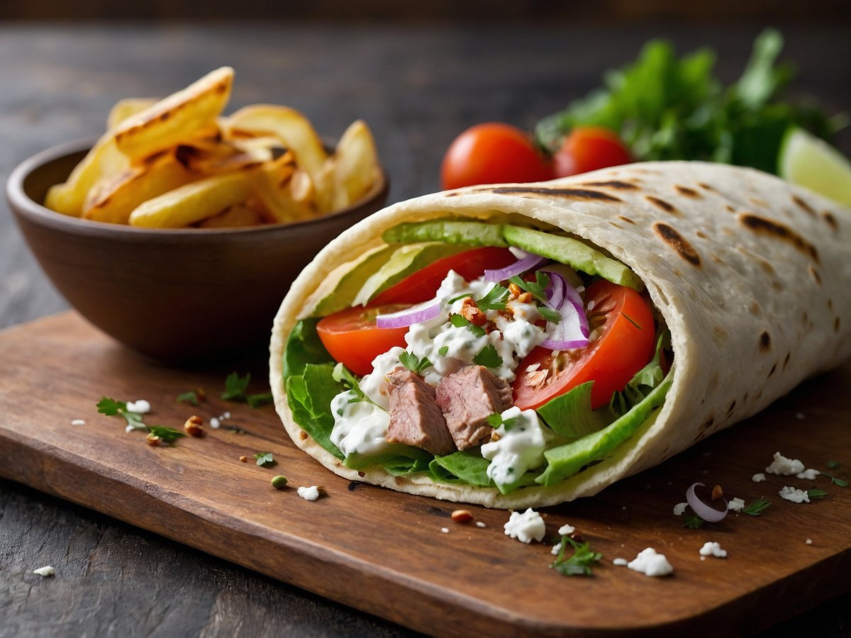 Auf dem Bild ist ein leckerer Gyros Pita zu sehen, der auf einem Holzbrett liegt. Der Pita ist gefüllt mit frischem Salat, Tomatenscheiben, Gurken, roten Zwiebeln und gegrilltem Fleisch. Darüber befindet sich ein Klecks Tzatziki. Im Hintergrund steht eine Schüssel mit knusprigen Pommes frites und einige Kirschtomaten sowie frische Kräuter liegen ebenfalls auf dem Brett.