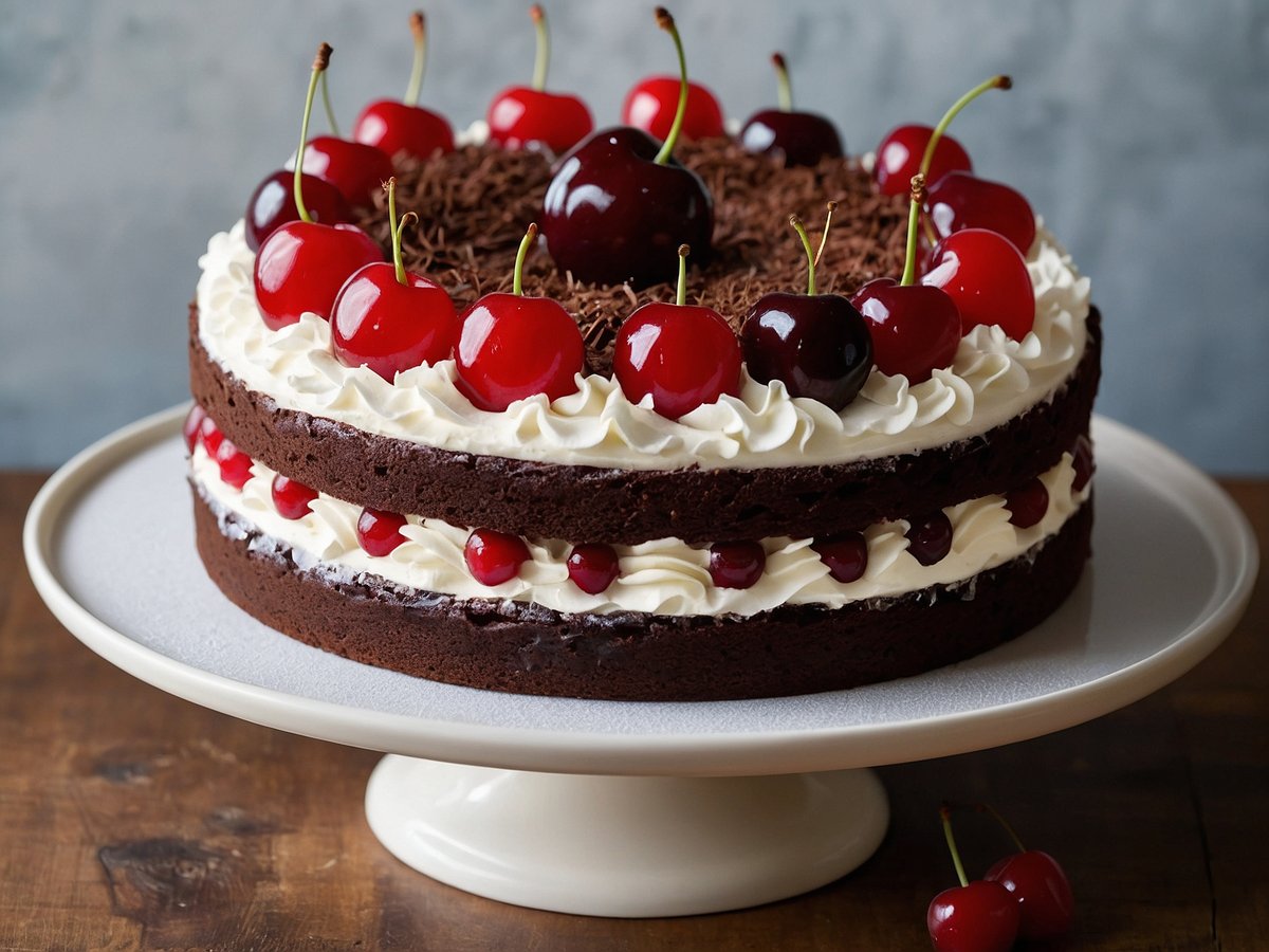 Eine Schwarzwälder Kirschtorte auf einem weißen Tortenständer. Die Torte besteht aus mehreren Schichten, die mit Schokoladenraspeln, Sahne und Kirschen dekoriert sind. Auf der Oberseite befinden sich ganze Kirschen und ein Bett aus Schokoladenraspeln. Der Hintergrund ist in einem sanften blauen Farbton gehalten, während der untere Teil der Torte auf einer rustikalen Holzoberfläche platziert ist.