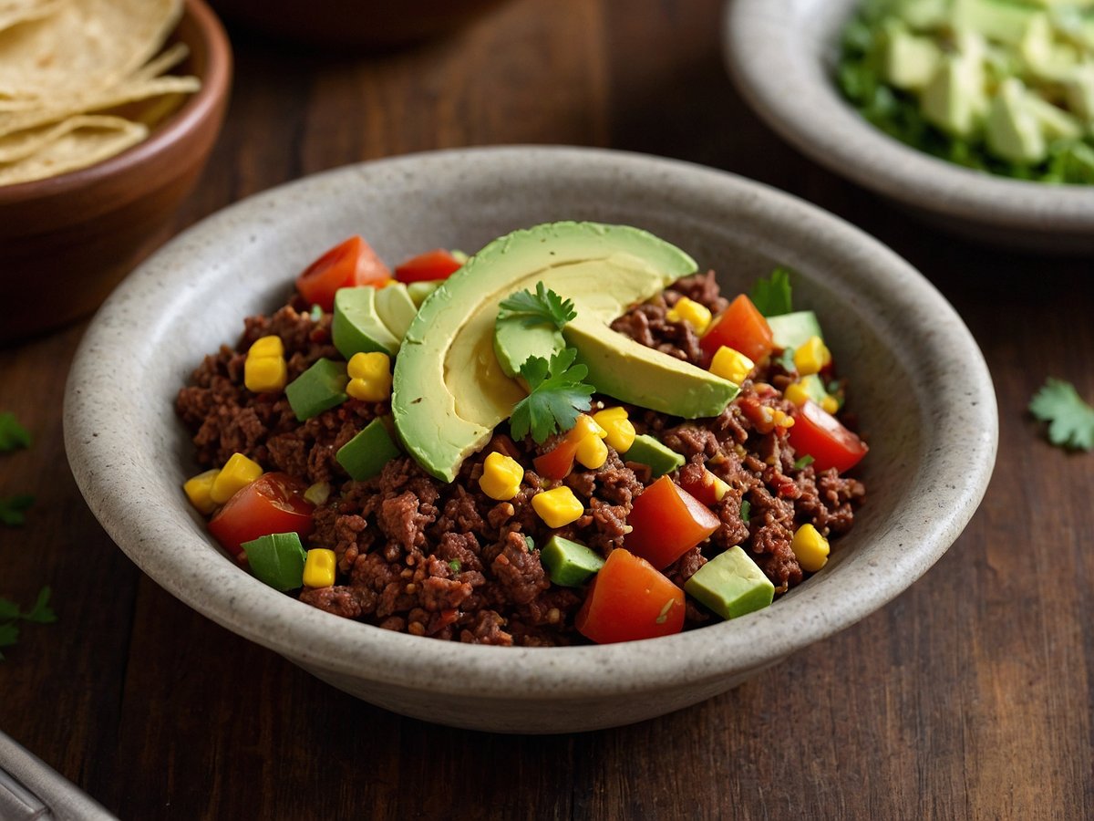 Eine Schüssel mit würzigem Hackfleisch, garniert mit frischen Avocadoscheiben, gehackten Tomaten, grünen Paprika, Maiskörnern und frischem Koriander. Im Hintergrund sind Tortillas und eine weitere Schüssel mit geschnittenem Gemüse zu sehen.