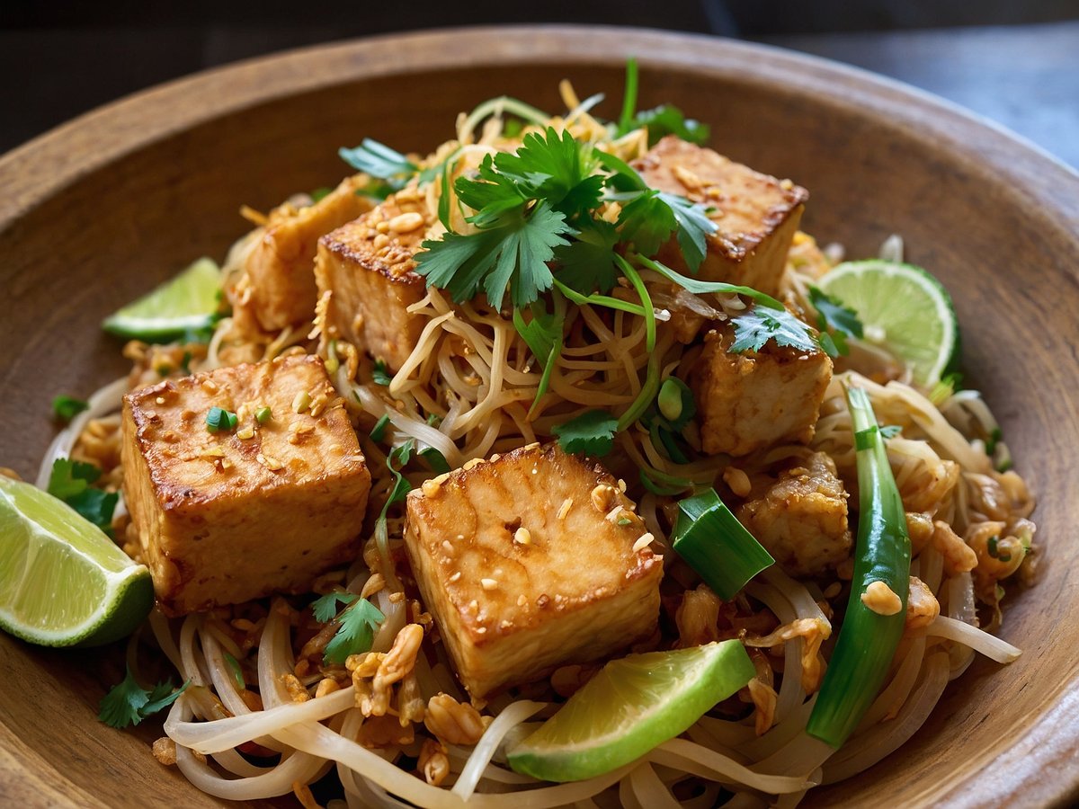 Ein Holzschälchen mit einer Portion Pad Thai ist zu sehen. Die Nudeln sind mit gebratenem Tofu in Würfeln, frischem Koriander und Frühlingszwiebeln garniert. Auf der Seite liegen Limettenscheiben, die dem Gericht eine frische Note verleihen. Zudem sind einige geröstete Erdnüsse sichtbar, die zur Dekoration dienen.