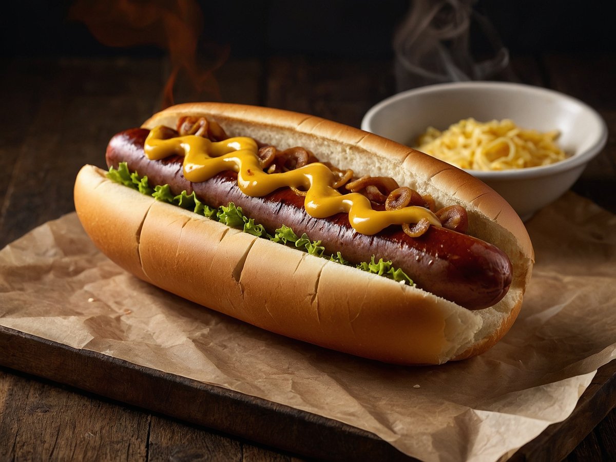 Ein frisch zubereiteter Hot Dog liegt in einem weichen Brötchen und ist mit Senf und gebratenen Zwiebeln garniert. Unter dem Hot Dog befindet sich frischer Salat. Im Hintergrund ist eine Schüssel mit käseüberbackenen Nudeln zu sehen, die leicht dampfen. Das Bild hat eine rustikale Holzoberfläche als Untergrund.