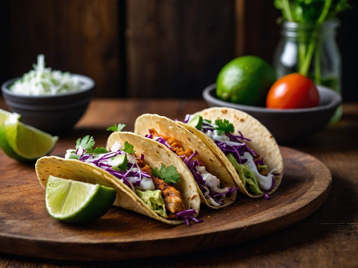 Drei Fisch-Tacos sind auf einem Holzbrett angerichtet, gefüllt mit zerkleinertem Fisch, Avocado, Krautsalat und frischen Korianderblättern. Neben den Tacos liegt eine halbe Limette. Im Hintergrund sind eine Schüssel mit geschnittenem Gemüse, eine ganze Limette und eine Tomate sichtbar. Die Atmosphäre ist rustikal und einladend.