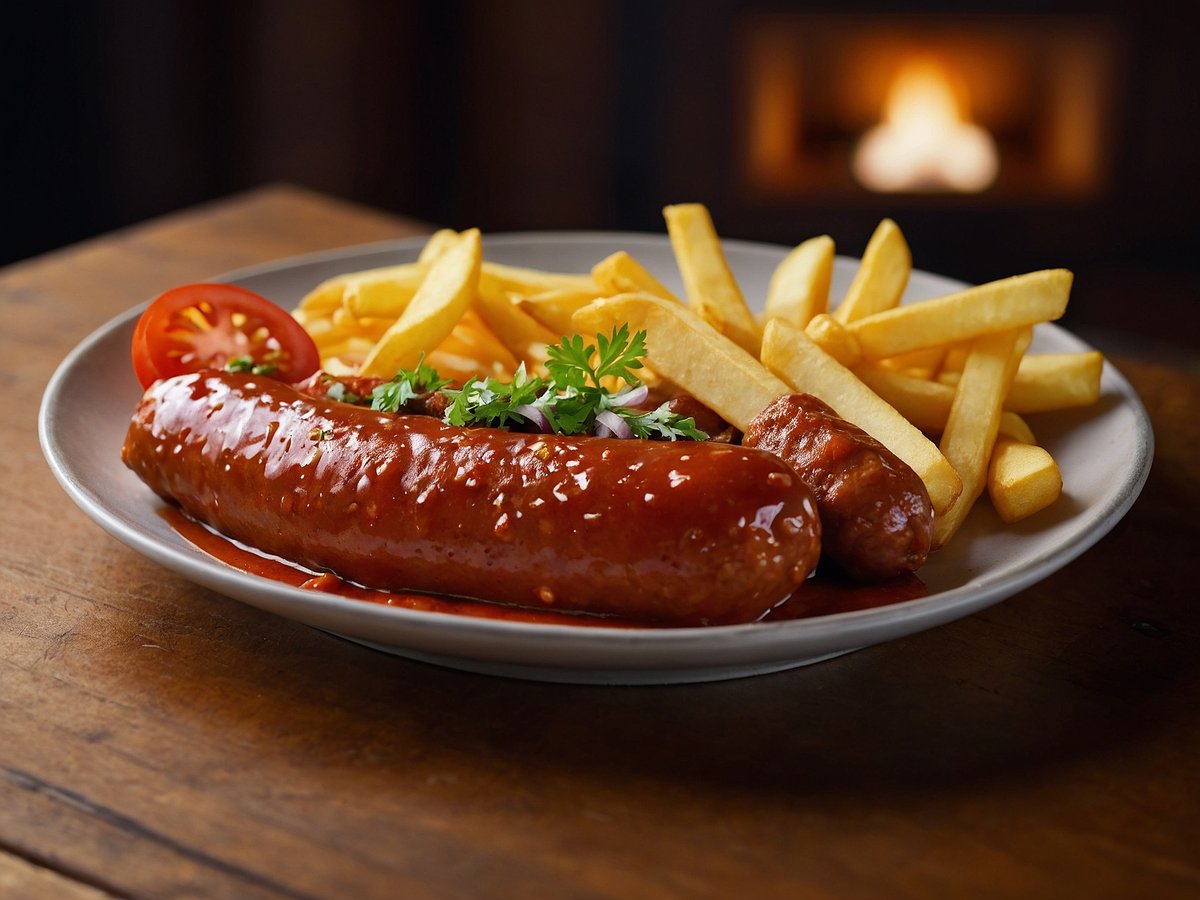 Auf dem Bild sind eine Currywurst und Pommes frites auf einem weißen Teller zu sehen. Die Currywurst ist in einer würzigen Sauce angerichtet und mit frischem Koriander garniert. Neben der Wurst liegt ein Stück Tomate und die Pommes frites sind goldbraun und knusprig. Im Hintergrund ist eine verschwommene Flamme zu erkennen, die eine gemütliche Atmosphäre schafft.