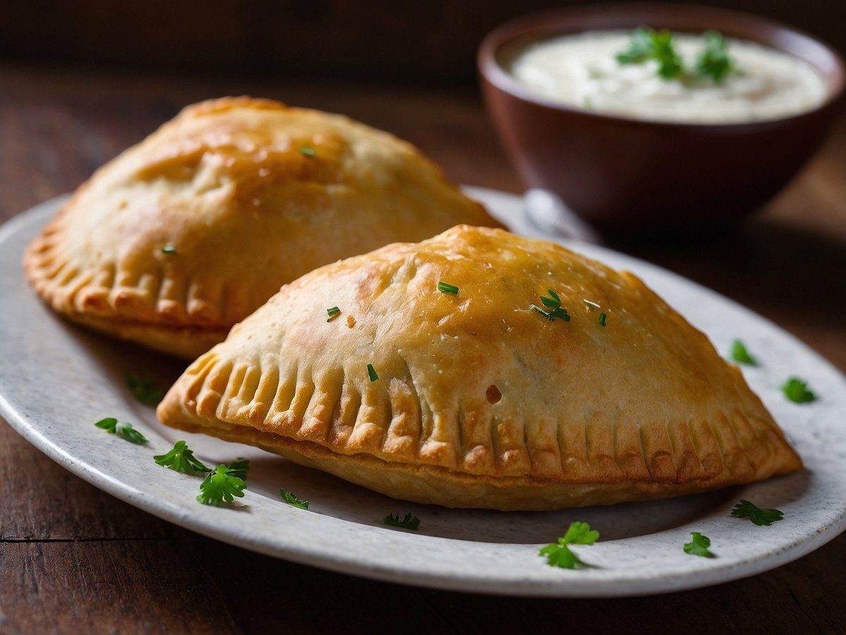 Zwei goldbraune Empanadas liegen auf einem weißen Teller, umgeben von frischen grünen Kräutern. Im Hintergrund befindet sich eine kleine braune Schüssel mit einer cremigen Dip-Sauce. Der Holzuntergrund verleiht dem Bild eine rustikale Atmosphäre.