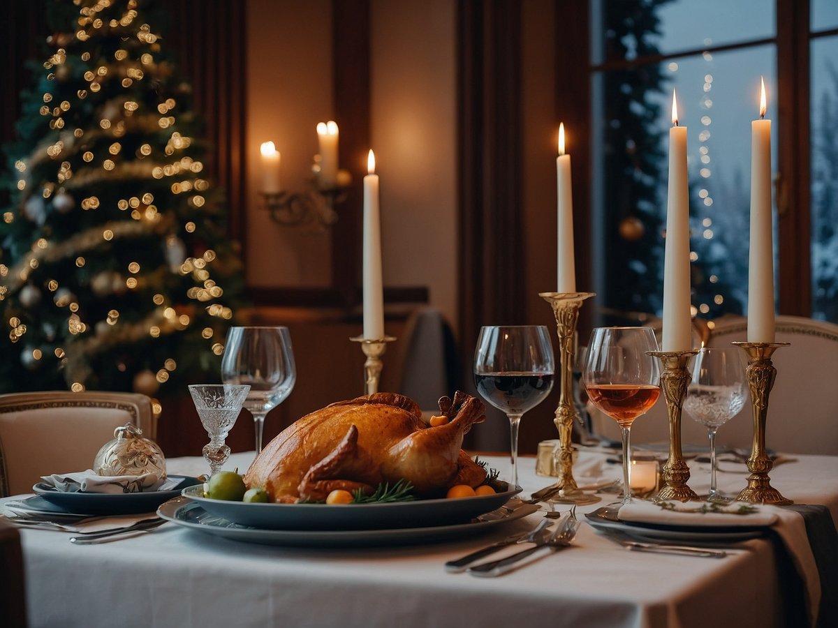 Ein festlich gedeckter Tisch mit einem prächtigen Weihnachtsessen ist zu sehen. In der Mitte des Tisches liegt ein goldbraun gebratener Truthahn, umgeben von frischen Früchten wie Limetten und kleinen Orangen. Rote und weiße Weingläser stehen neben dem Truthahn, und mehrere Kerzen in eleganten Haltern spenden warmes Licht. Im Hintergrund ist ein festlich geschmückter Weihnachtsbaum mit leuchtenden Lichtern und Ornamenten zu erkennen, während der Schnee sichtbar vor dem Fenster fällt.