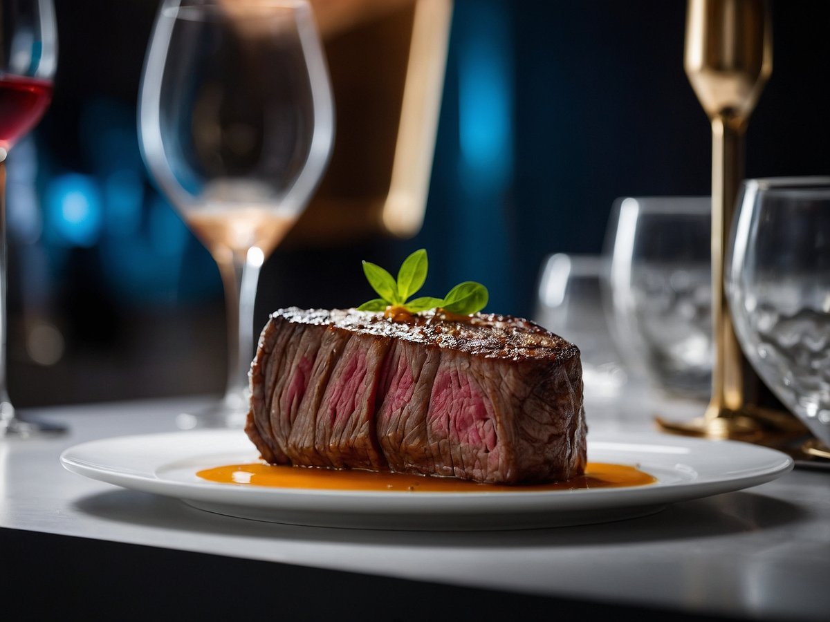 Ein perfekt zubereitetes Steak liegt auf einem weißen Teller, umgeben von stilvollem Geschirr. Das Fleisch zeigt eine schöne Bräunung an der Oberfläche und ist innen rosa, was auf einen saftigen Gargrad hinweist. Ein kleines Blatt frischer Kräuter ziert das Steak. Auf dem Teller befindet sich eine kunstvoll angerichtete Sauce, die orangefarben ist. Im Hintergrund sind unscharf Gläser für Wein und Wasser zu sehen, was eine elegante Atmosphäre schafft. Das Bild vermittelt den Eindruck von gehobener Esskultur und Genuss.