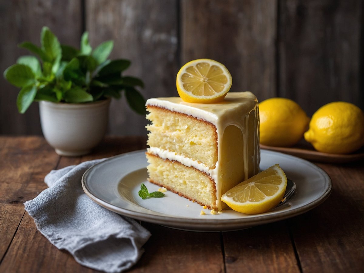 Ein Stück Zitronenkuchen auf einem grauen Teller, das mit einer cremigen Zuckerglasur überzogen ist. Auf dem Kuchen liegt eine Scheibe Zitrone, und ein Minzblatt dekoriert die Anschnittstelle. Im Hintergrund steht ein Blumentopf mit grünen Blättern, und neben dem Teller liegen zwei frische Zitronen. Der Tisch besteht aus dunklem Holz.