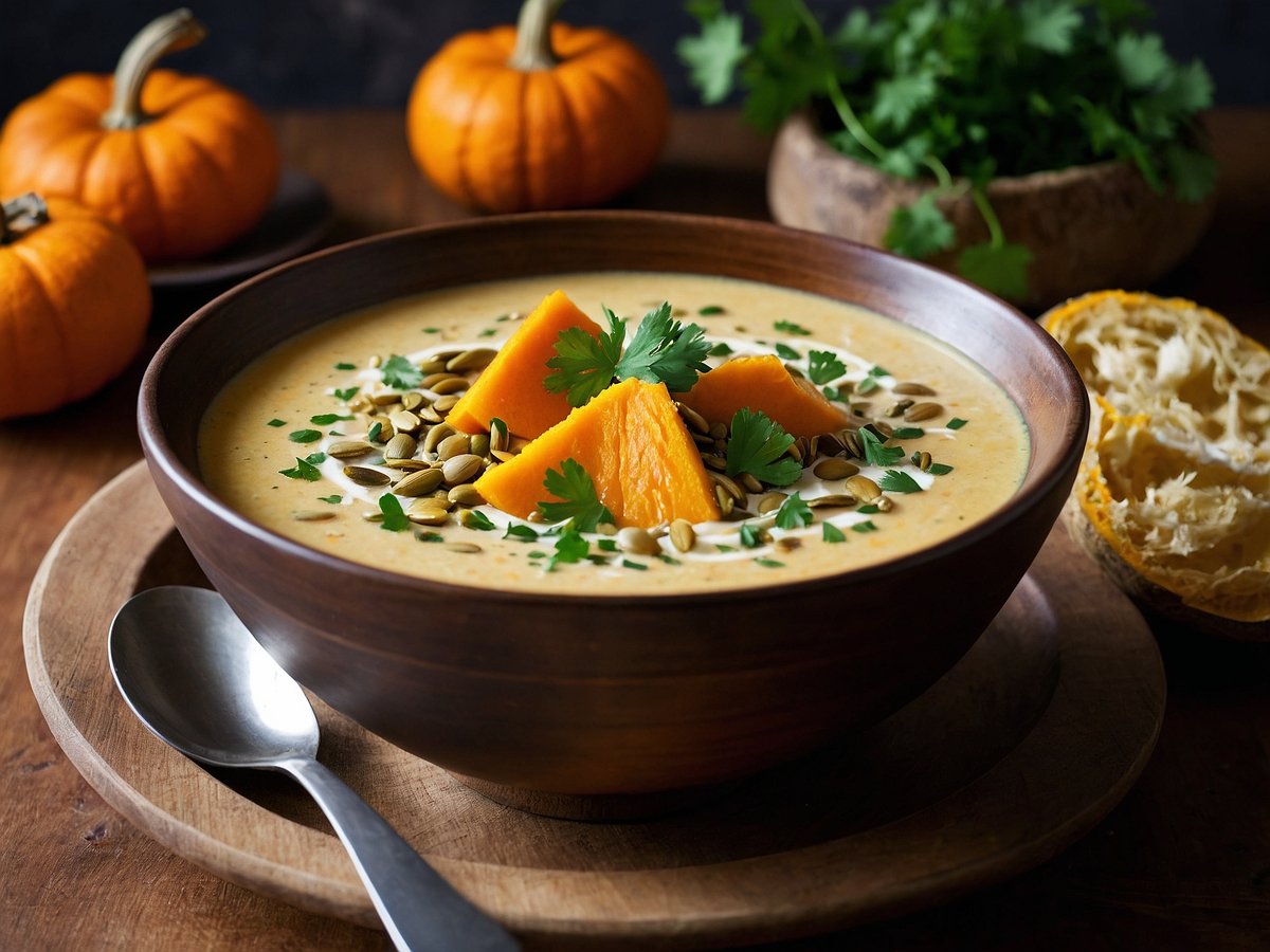 Eine Schüssel mit Kürbiscremesuppe, die mit Kokosmilch zubereitet wurde, steht auf einem Holzbrett. Die Suppe hat eine cremige, orange Farbe und ist mit Kürbisstücken, gerösteten Kürbiskernen und frischen Korianderblättern garniert. Neben der Schüssel liegt ein Löffel aus Metall. Im Hintergrund sind kleine orangefarbene Kürbisse dekorativ platziert, und ein weiteres Gefäß mit frischem Koriander ist ebenfalls zu sehen.