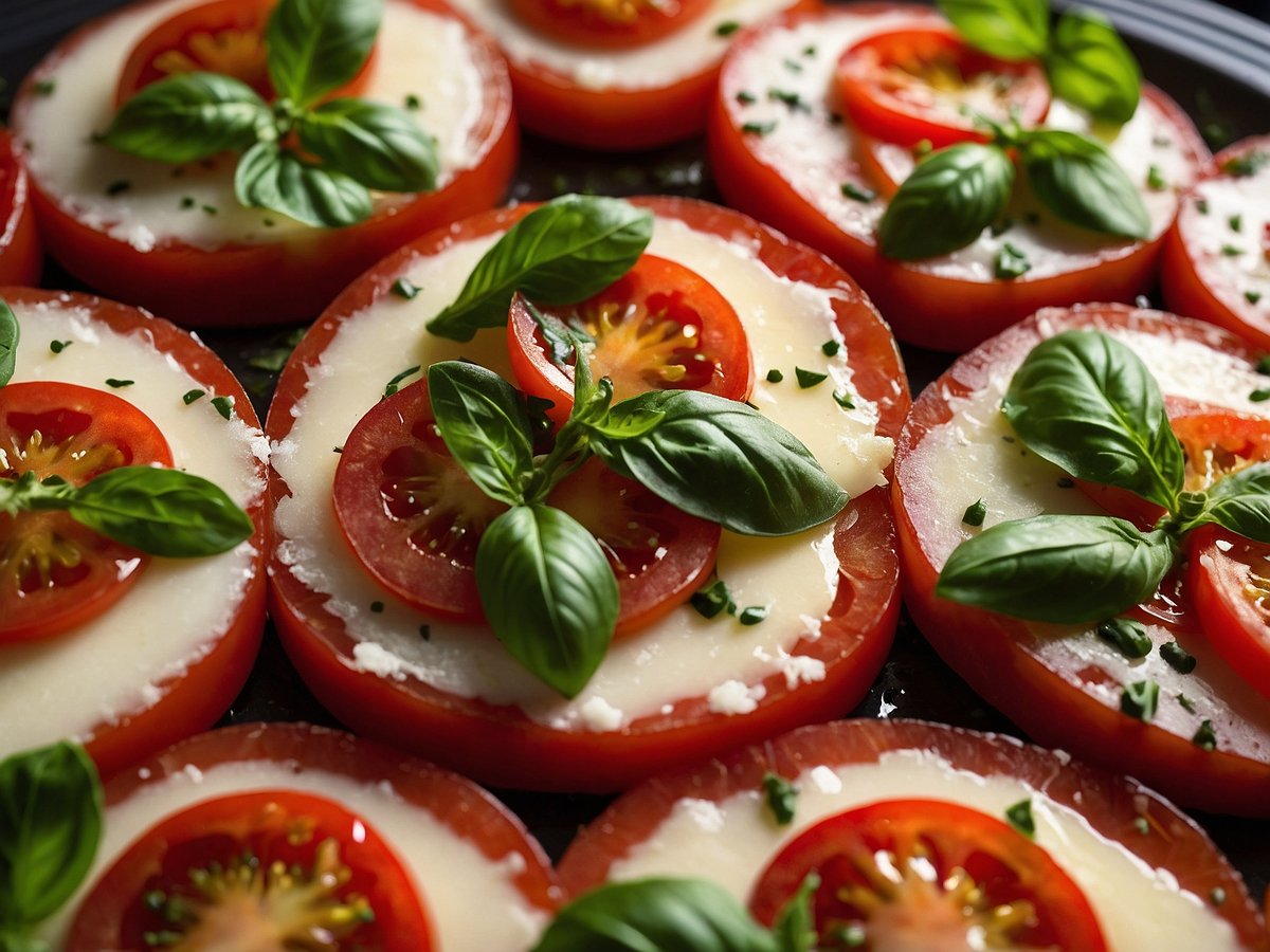 Tomaten-Mozzarella-Carpaccio auf einem schwarzen Teller. Die frisch geschnittenen Tomaten sind in runden Scheiben angeordnet und alternieren mit Scheiben von Mozzarella. Auf den Tomatenscheiben liegen jeweils einige kleine, rote Kirschtomatenhälften. Frische Basilikumblätter und gehackte Kräuter dekorieren das Gericht und sorgen für einen dekorativen, appetitlichen Look. Die Farben rot, grün und weiß harmonieren und verleihen dem Carpaccio ein frisches, einladendes Erscheinungsbild.