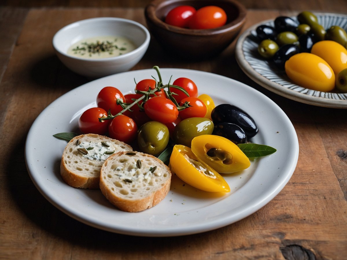 Eine Antipasti-Platte mit einer bunten Auswahl an Oliven und Tomaten. Auf einem weißen Teller befinden sich mehrere rote Kirschtomaten an einem Zweig, grüne und schwarze Oliven, sowie gelbe Tomatenhälften. Neben den Tomaten sind zwei Scheiben von Brot, die mit einer Kräutercreme bestrichen sind. Im Hintergrund sind weitere kleine Schalen mit verschiedenen Oliven und einer Joghurtsauce zu sehen. Der Untergrund der Präsentation ist eine rustikale Holzfläche.